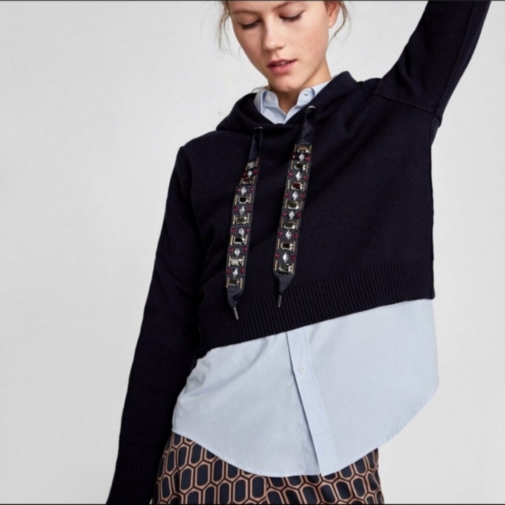 Zara blue hooded cropped Layering knit sweater embellished drawings